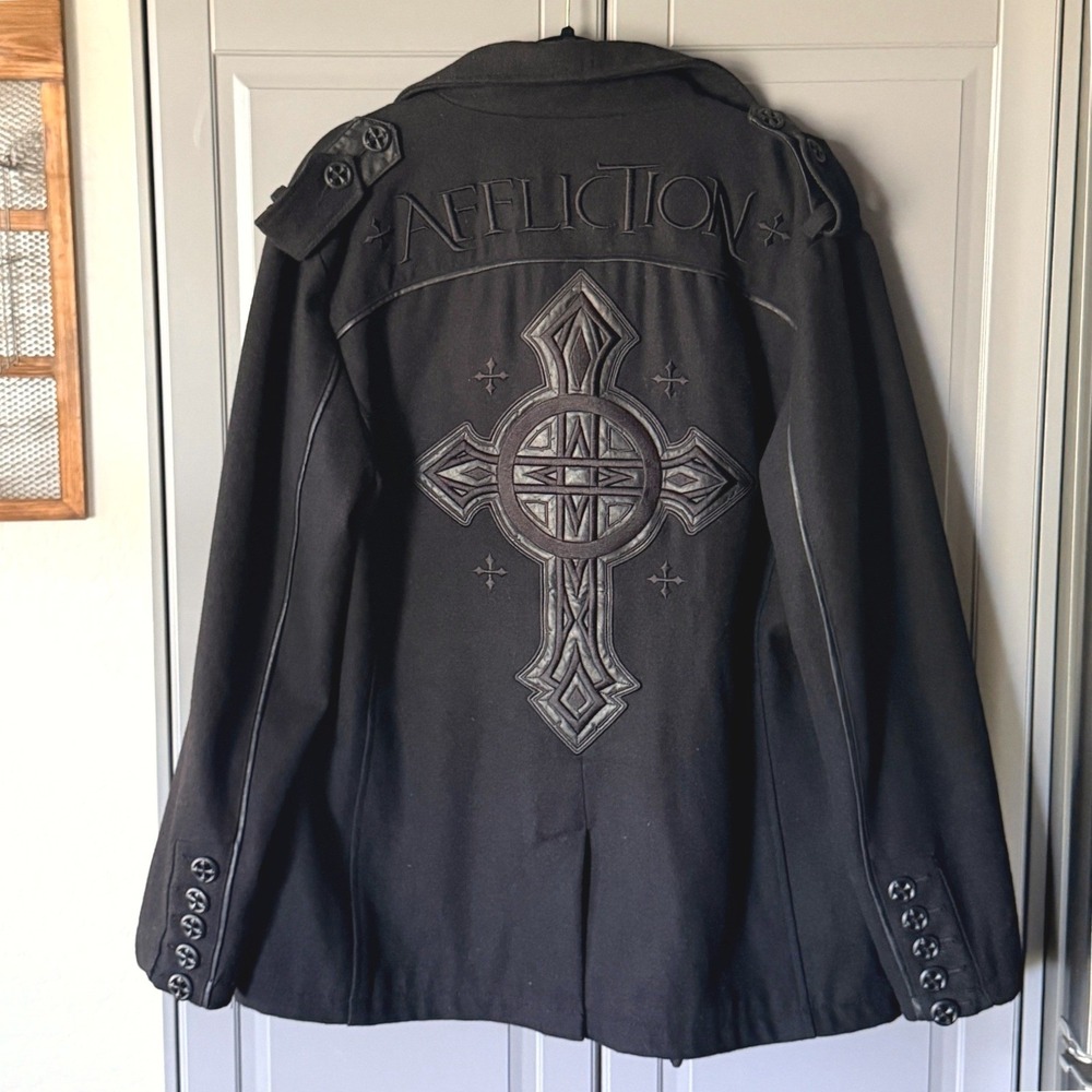 Affliction Black Premium Y2K Goth Embroidered Cross Wool Blend Pea Coat,Black,L
